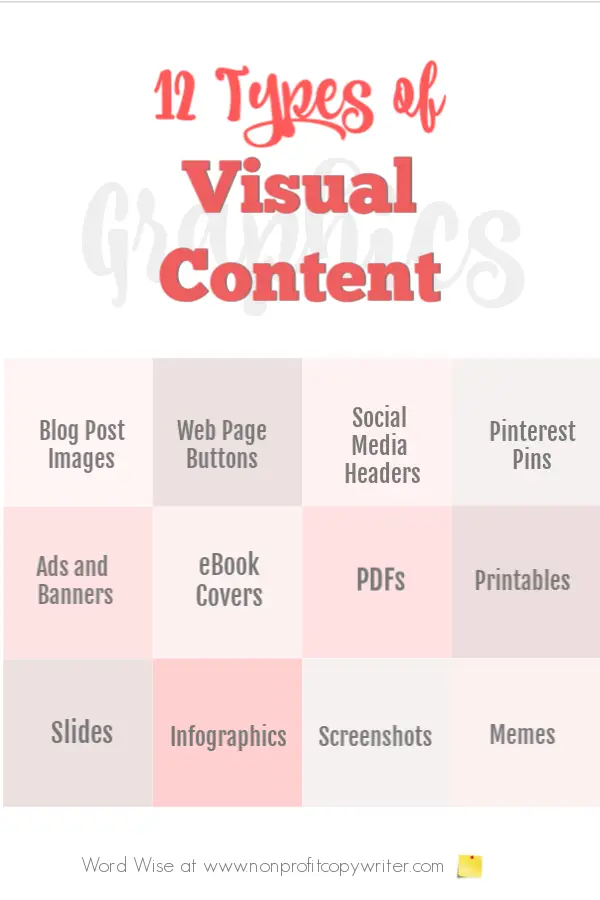 Graphics and Copywriting: 12 types of visual content. A simple tutorial with Word Wise at Nonprofit Copywriter #ContentWriting #CopywritingBasics