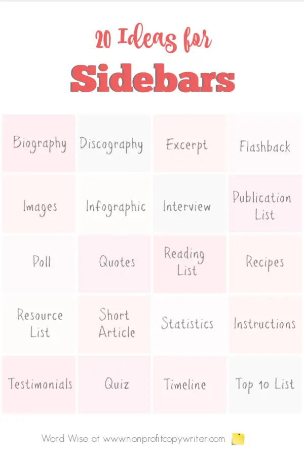 20 ideas for sidebars with Word Wise at Nonprofit Copywriter #WritingTips #WritingChecklists #WritingArticles