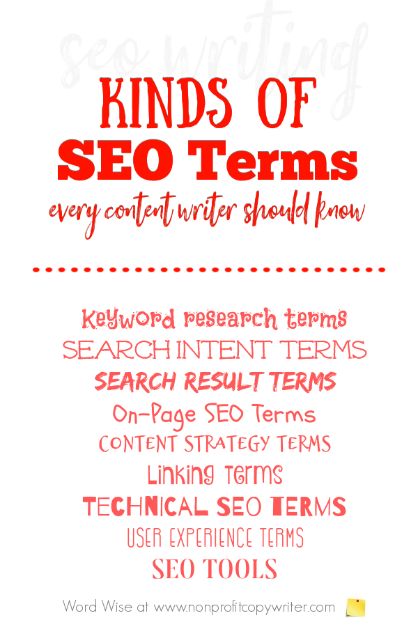 Kinds of #SEO terms every #ContentWriter should know with Word Wise at Nonprofit Copywriter #WebContentWriting #WritingTips