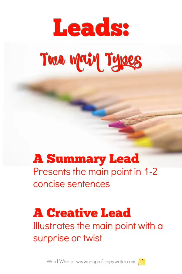 How to write an introduction: 2 main types of leads. #WritingTips #WritingArticles #WritingBlogs with Word Wise at Nonprofit Copywriter
