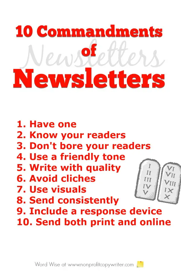 10 Commandments of writing newsletters. Great for entrepreneurs, freelancers, ministries. With Word Wise at Nonprofit Copywriter