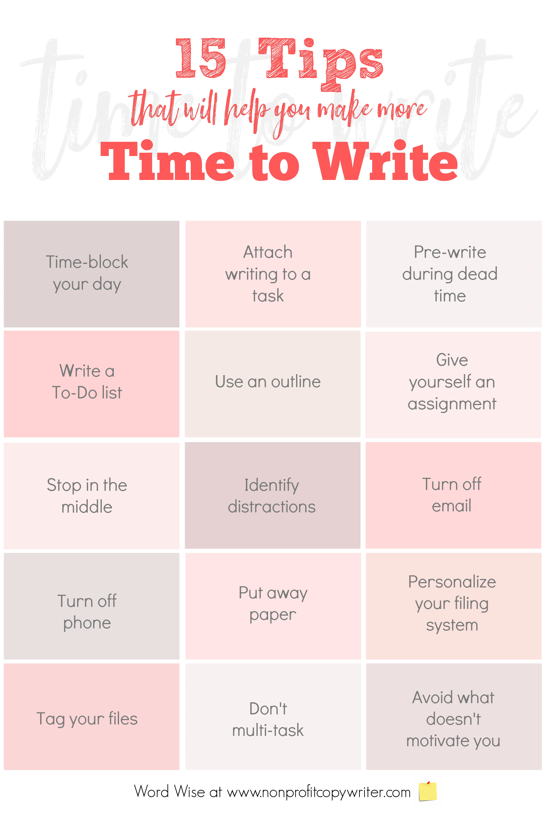 Use these 15 tips to make time to write with Word Wise at Nonprofit Copywriter #WritingTips #Productivity