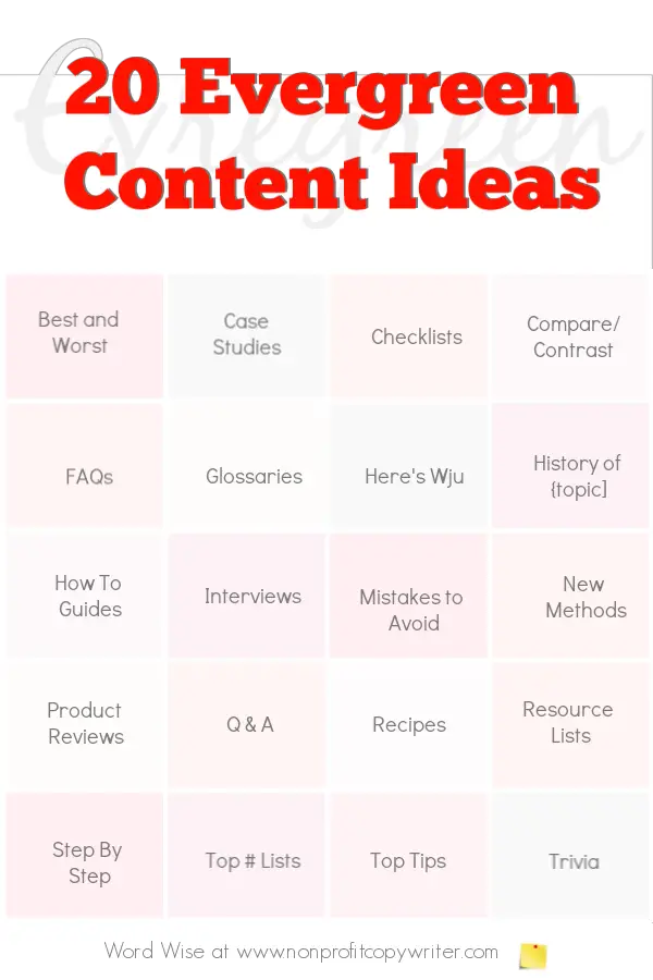 Try these 20 evergreen content ideas to build traffic to your #blog or website with Word Wise at Nonprofit Copywriter #blogging #WritingTips