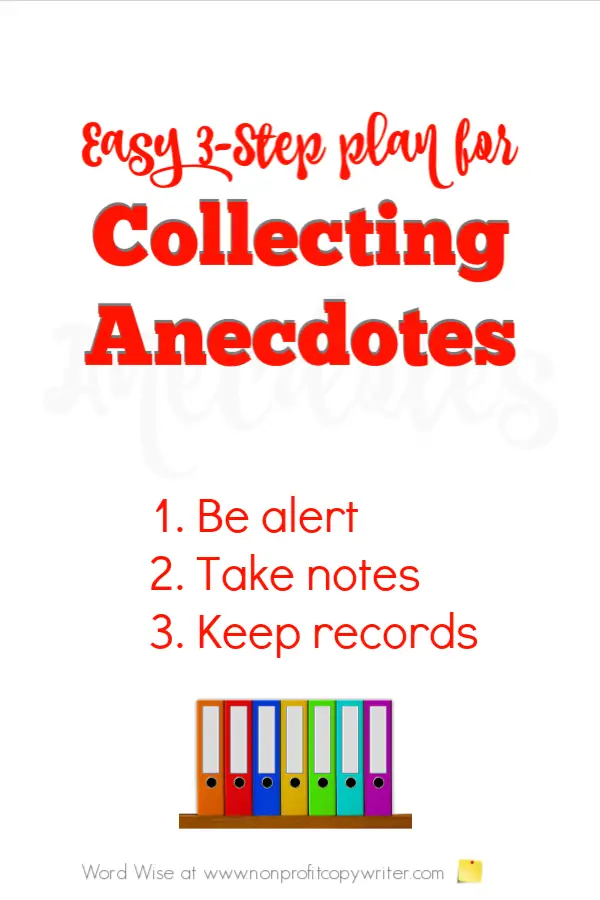 An easy 3-step plan for collecting anecdotes to use in articles and content with Word Wise at Nonprofit Copywriter #WritingTips #ContentWriting #FreelanceWriting