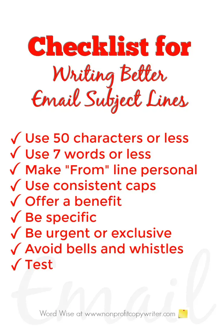 Download this checklist for writing better email subject lines with Word Wise at Nonprofit Copywriter