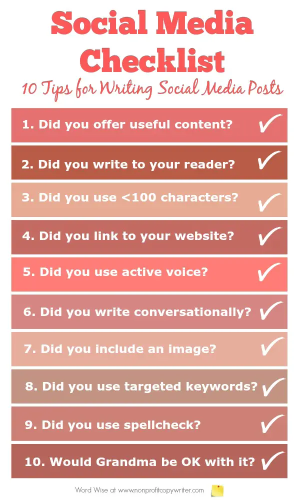 Social Media Checklist: 10 tips for writing social media posts with Word Wise at Nonprofit Copywriter