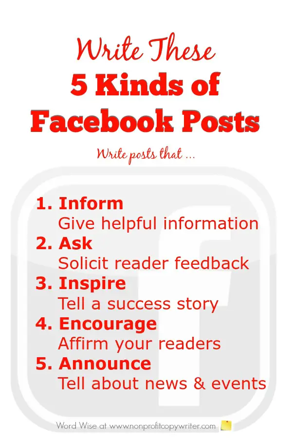 Tips for writing 5 kinds of Facebook posts with Word Wise at Nonprofit Copywriter