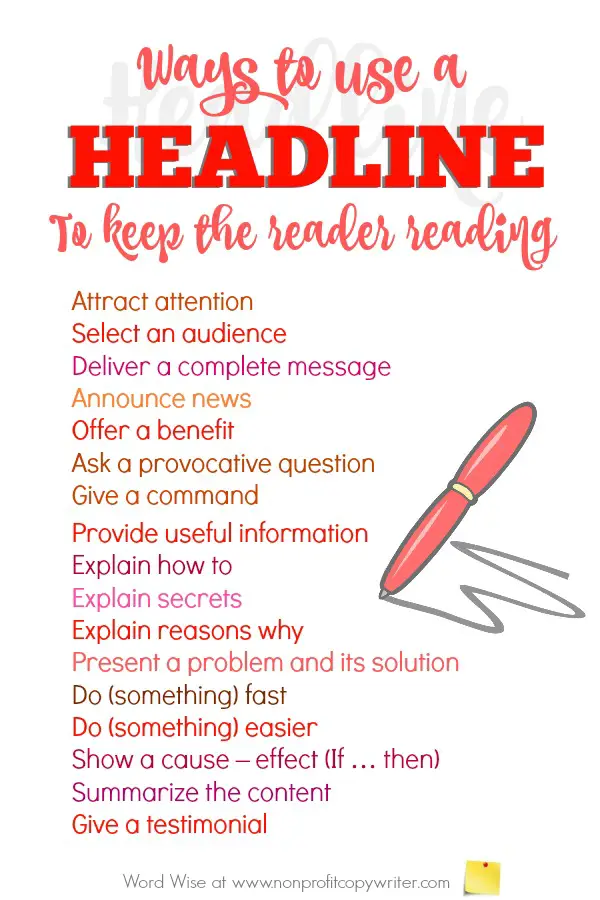 Ways to use a headline to keep your readers reading. Great #copywriting tips for writing headlines for copywriters, content writers, freelance writers. With Word Wise at Nonprofit Copywriter